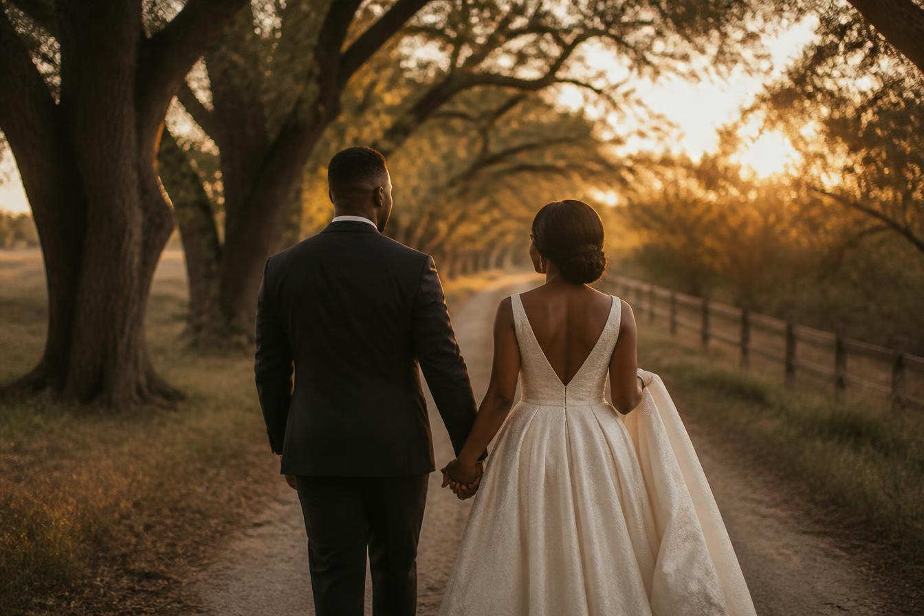 A newly married couple walking hand in hand down a tree-lined path at golden hour