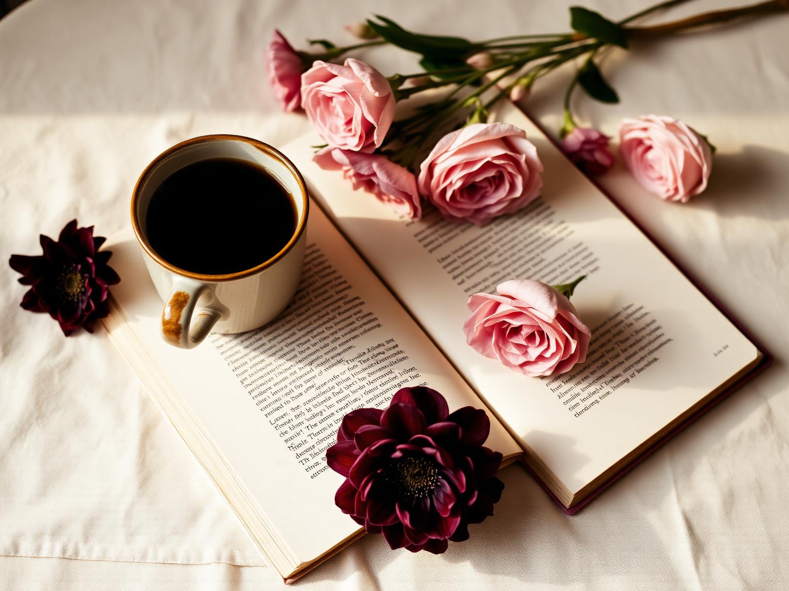 An open book with a cup of coffee and plum and blush flowers on ivory linen